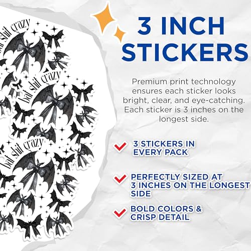 (3 Pack) Bat Shit Crazy Decals - Gothic Bat Art - Halloween Laptop Decal - 3 Inches On Longest Side - Easy Peel & Apply - Made in USA - 3MCS1642