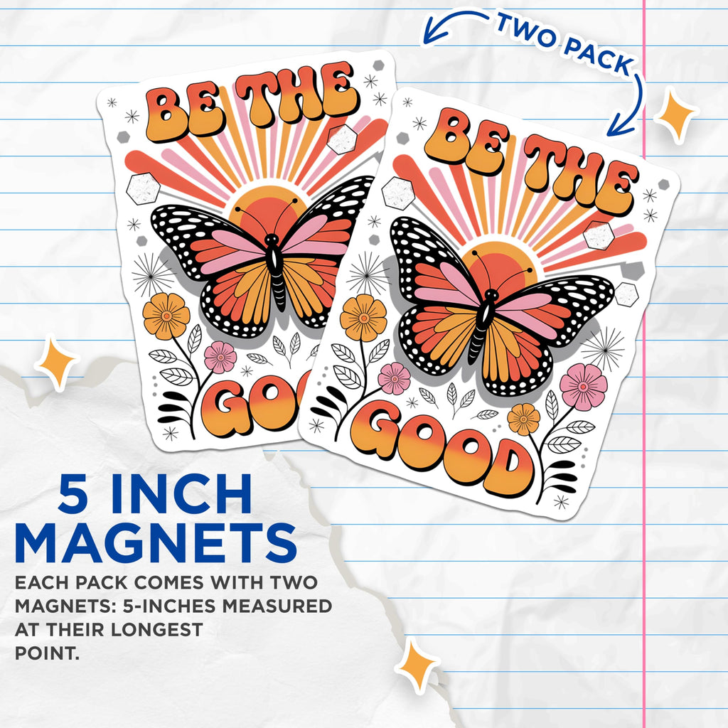 (2 Pack) Butterfly Magnets - Retro Inspirational Quote Art - Groovy Floral Aesthetic Vibes for Fridge - 5 Inches On Longest Side - Thick Durable Magnet - Made in USA - MAG20968