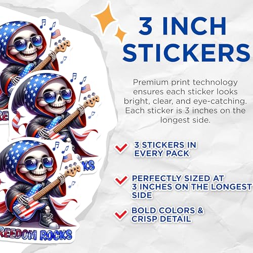 (3 Pack) Freedom Rocks Decals - Patriotic Skeleton - American Flag Guitar Sticker - 3 Inches On Longest Side - Easy Peel & Apply - Made in USA - 3MCS6681