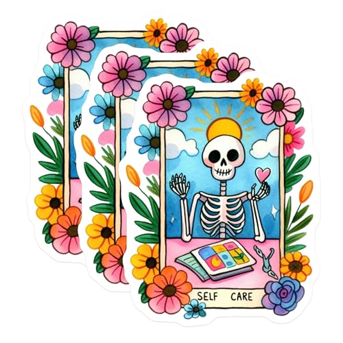 (3 Pack) Self Care Decals - Skeleton Art - Floral Skeleton Sticker - 3 Inches On Longest Side - Easy Peel & Apply - Made in USA - 3MCS8186
