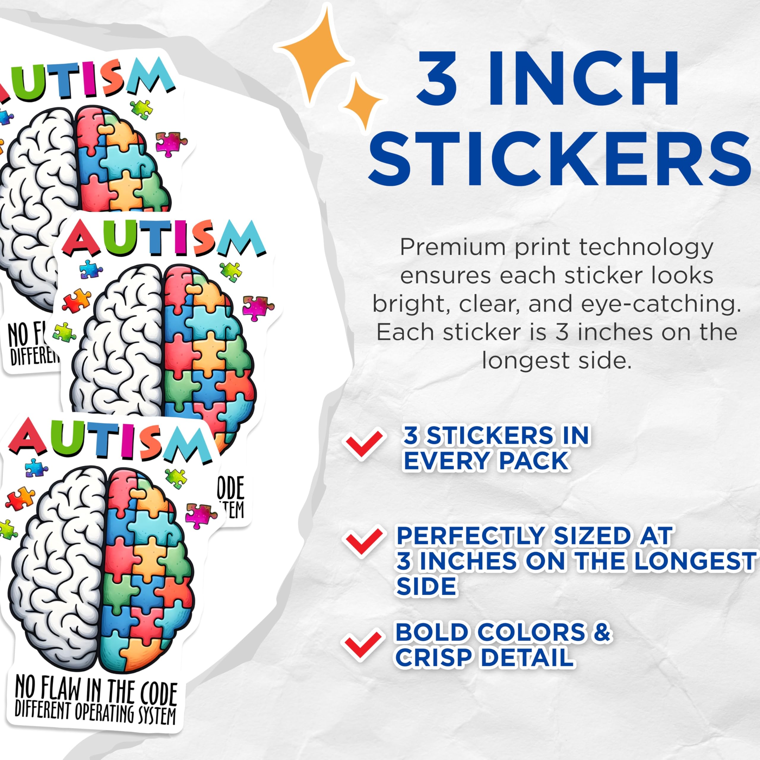 (3 Pack) Autism Awareness Decals - Brain Puzzle Pieces - Neurodiversity Support Decals - 3 Inches On Longest Side - Easy Peel & Apply - Made in USA - 3MCS1995