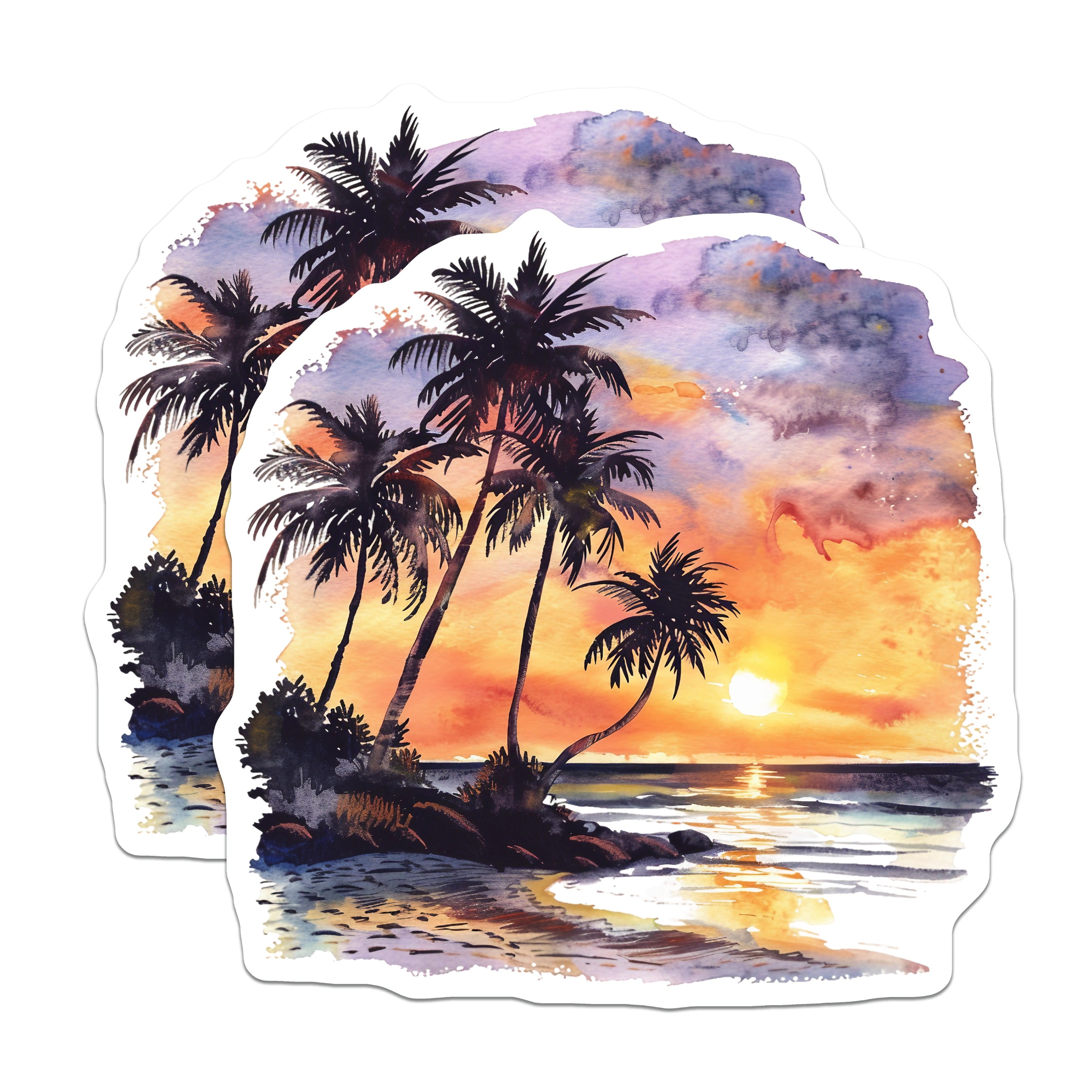 (2 Pack) Tropical Sunset Magnets - Beach Ocean Watercolor Art - Palm Tree Vacation Scene Decor - 5 Inches On Longest Side - Thick Durable Magnet - Made in USA - MAG36986