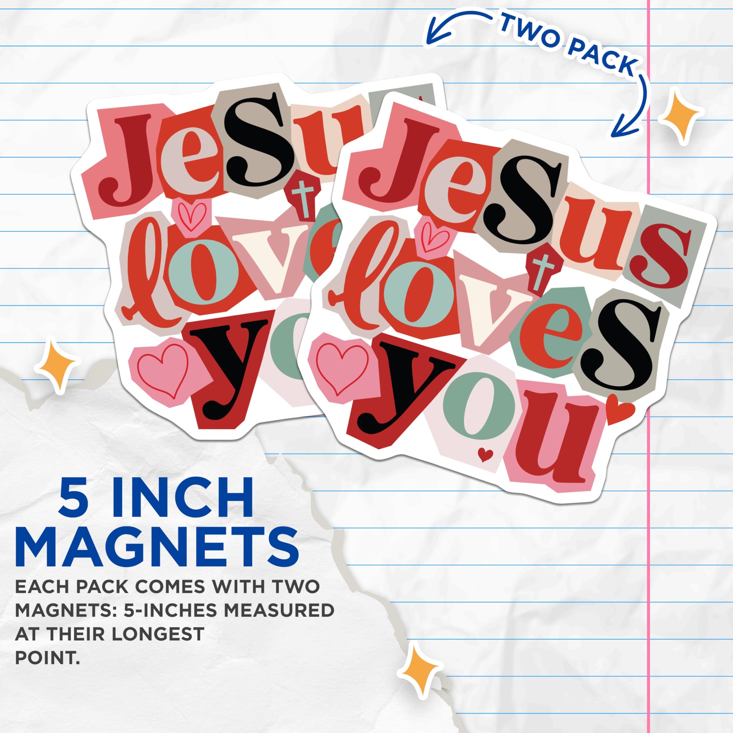 (2 Pack) Jesus Loves You Magnets - Christian Faith Inspirational Decor - Religious Refrigerator Locker Affirmation - 5 Inches On Longest Side - Thick Durable Magnet - Made in USA - MAG20022