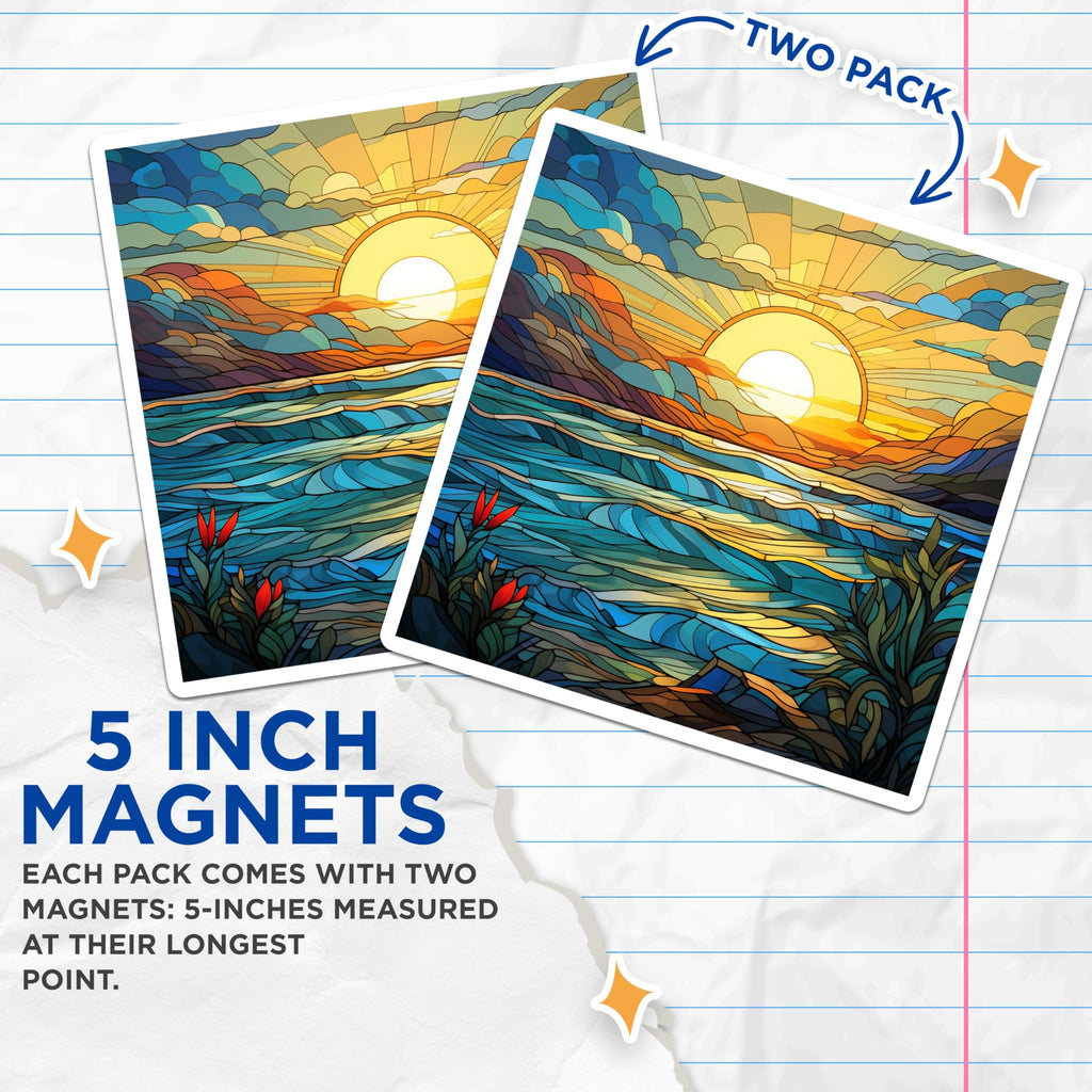 (2 Pack) Stained Glass Sunset Ocean Landscape Magnets - Coastal Beach House Decor - Vibrant Artistic Nature Theme - 5 Inches On Longest Side - Thick Durable Magnet - Made in USA - MAG30373
