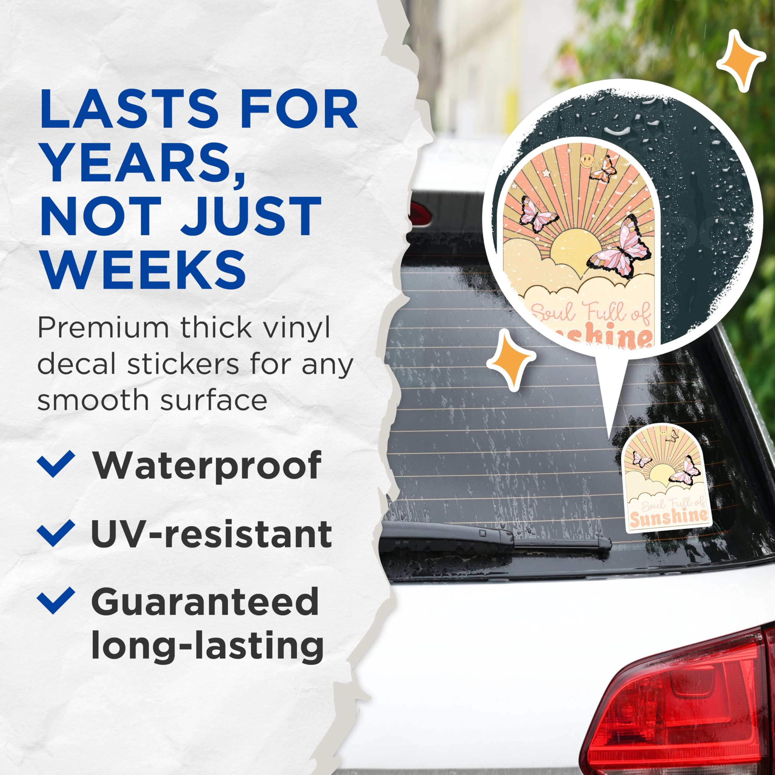(2 Pack) Soul Full of Sunshine Stickers - Butterfly Sun Stickers - Vintage Aesthetic Decal - 5" On Longest Side - Sticks to Smooth Flat Surfaces - Made in USA - BMCS7274