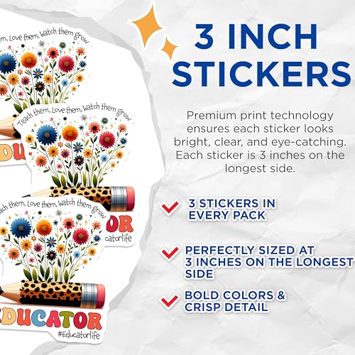 (3 Pack) Educator Decals - Teach Love Watch Grow - Teacher Life - Laptop Decals - 3 Inches On Longest Side - Easy Peel & Apply - Made in USA - 3MCS6803