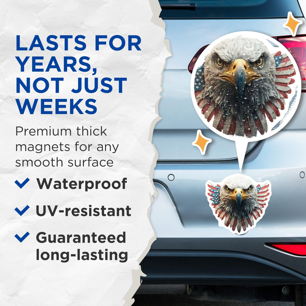 (2 Pack) Bald Eagle Magnets - Majestic American Flag Design - Patriotic USA Symbol Fridge - Independence Day Decor - 5 Inches On Longest Side - Thick Durable Magnet - Made in USA - MAG21447