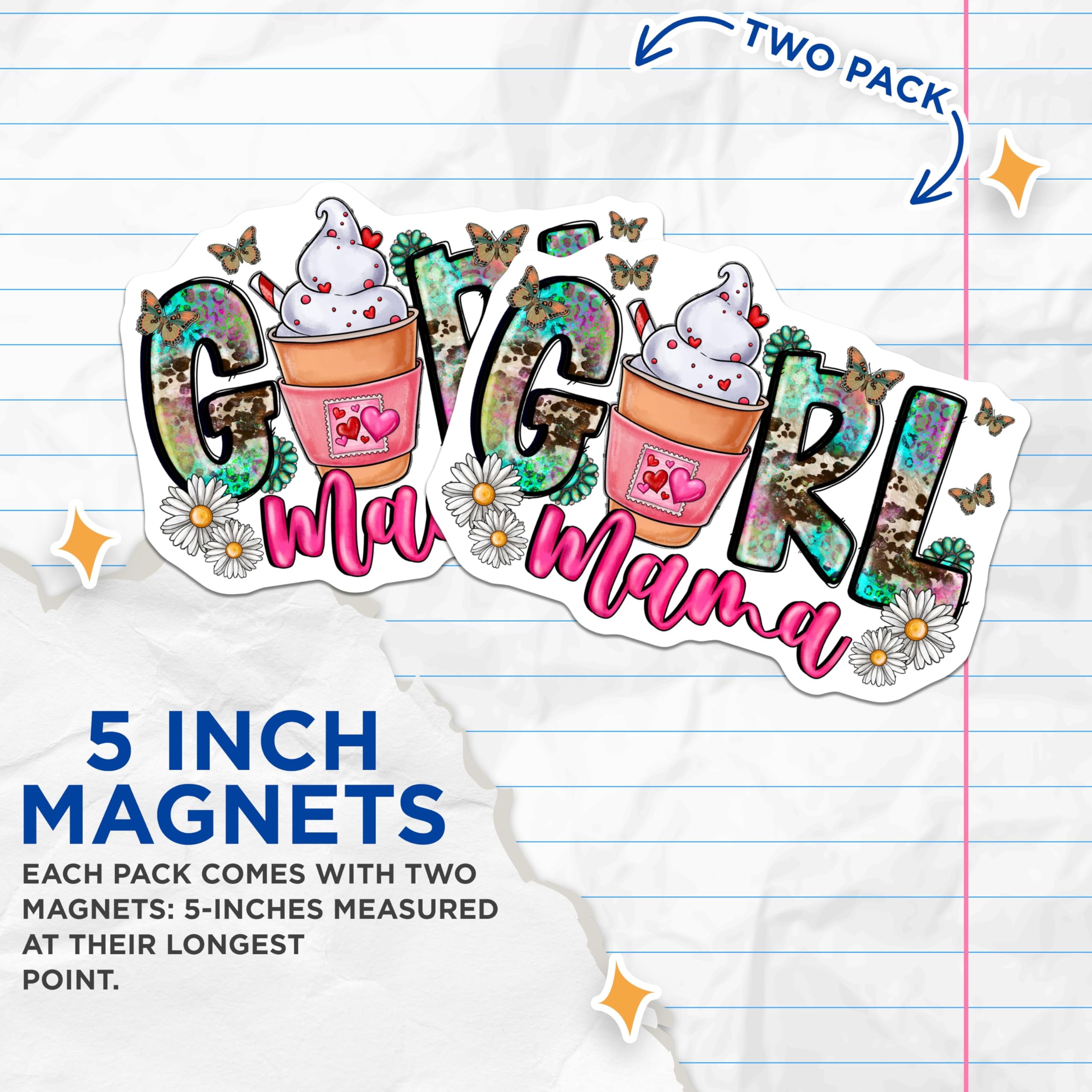 (2 Pack) Girl Mama Magnets - Boho Cow Print Aesthetic - Coffee Mama Decor - Refrigerator Art - 5 Inches On Longest Side - Thick Durable Magnet - Made in USA - MAG29168