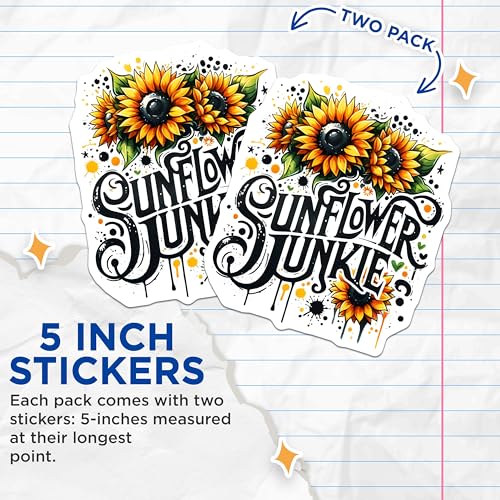 (2 Pack) Sunflower Junkie Stickers - Floral Sunflower Decal - Inspirational Quote - 5" On Longest Side - Sticks to Smooth Flat Surfaces - Made in USA - BMCS7973