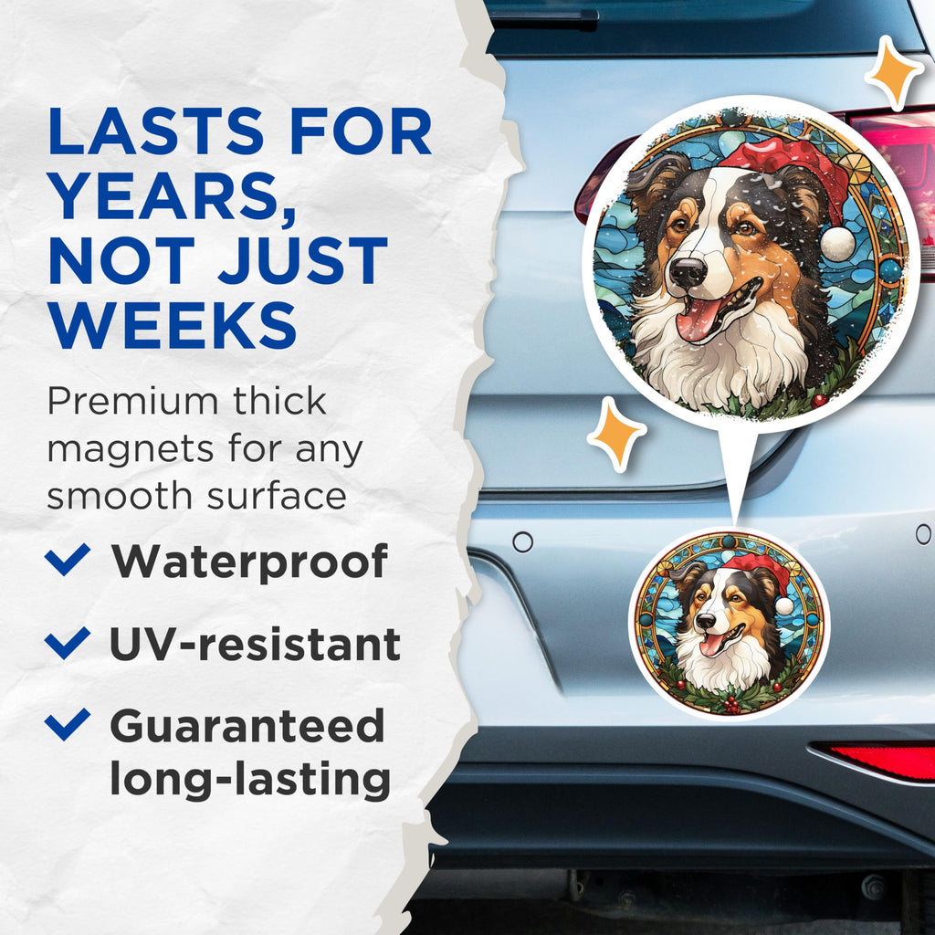 (2 Pack) Australian Shepherd Christmas Magnets - Stained Glass Dog Art - Festive Holiday Pet Decor - 5 Inches On Longest Side - Thick Durable Magnet - Made in USA - MAG27336