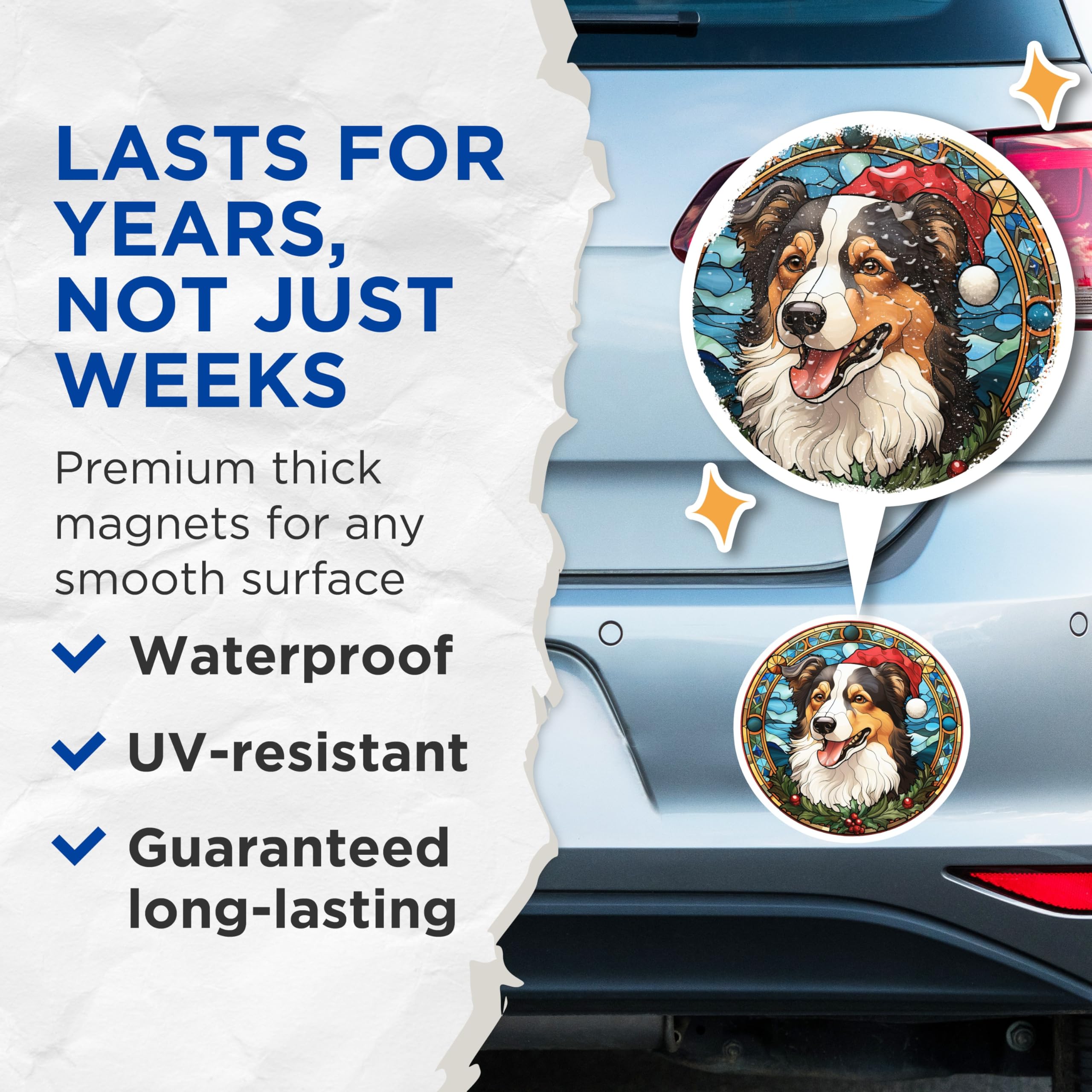 (2 Pack) Australian Shepherd Christmas Magnets - Stained Glass Dog Art - Festive Holiday Pet Decor - 5 Inches On Longest Side - Thick Durable Magnet - Made in USA - MAG27336