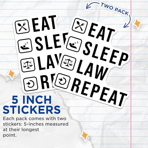 (2 Pack) Eat Sleep Law Repeat Stickers - Lawyer Stickers - Funny Law School Decals - 5" On Longest Side - Sticks to Smooth Flat Surfaces - Made in USA - BMCS5581