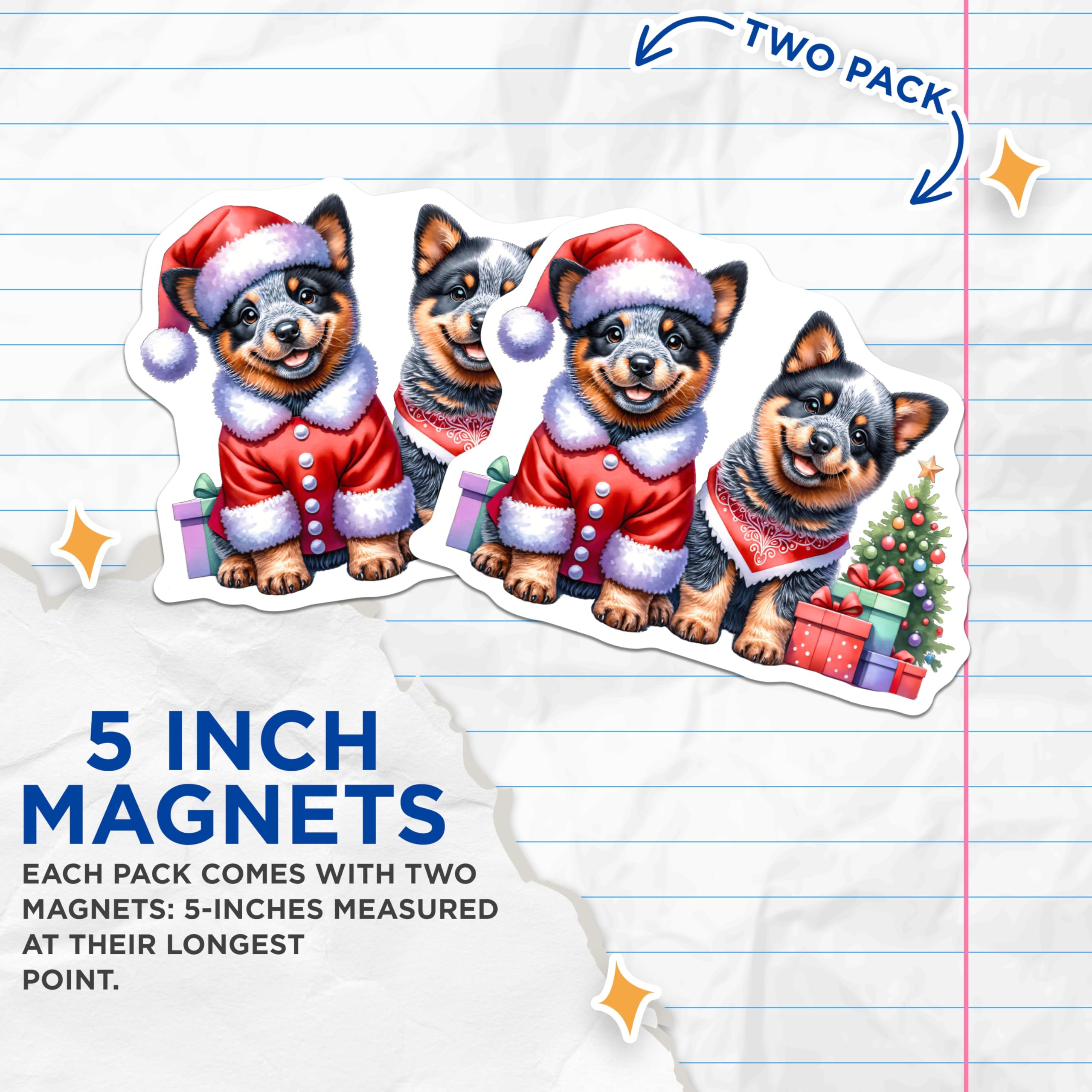 (2 Pack) Australian Cattle Dog Christmas Magnets - Puppy Holiday Decor - Pet Lover Refrigerator Magnets - 5 Inches On Longest Side - Thick Durable Magnet - Made in USA - MAG26358