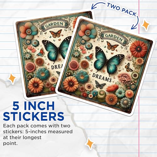 (2 Pack) Garden Dreams Stickers - Butterfly Flowers - Nature Decor - Whimsical Garden Art - 5" On Longest Side - Sticks to Smooth Flat Surfaces - Made in USA - BMCS7255