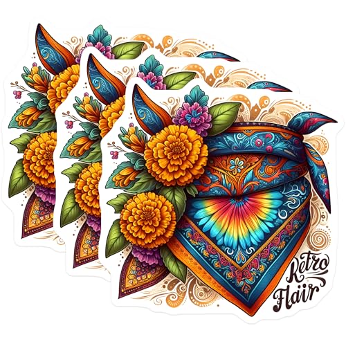 (3 Pack) Bandana Laptop Decals - Floral Tie Dye Decals - Boho Sticker Sets - 3 Inches On Longest Side - Easy Peel & Apply - Made in USA - 3MCS7611