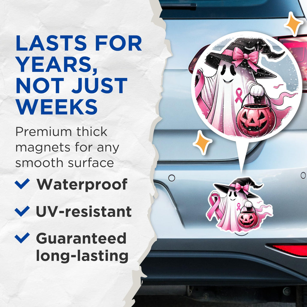 (2 Packs) Breast Cancer Awareness Pink Halloween Magnets - Ghost Wearing Pink Ribbon Magnets - 5" On Longest Side - Premium Magnet - for Fridges, Toolboxes, Cars - Made in USA - MAG2484