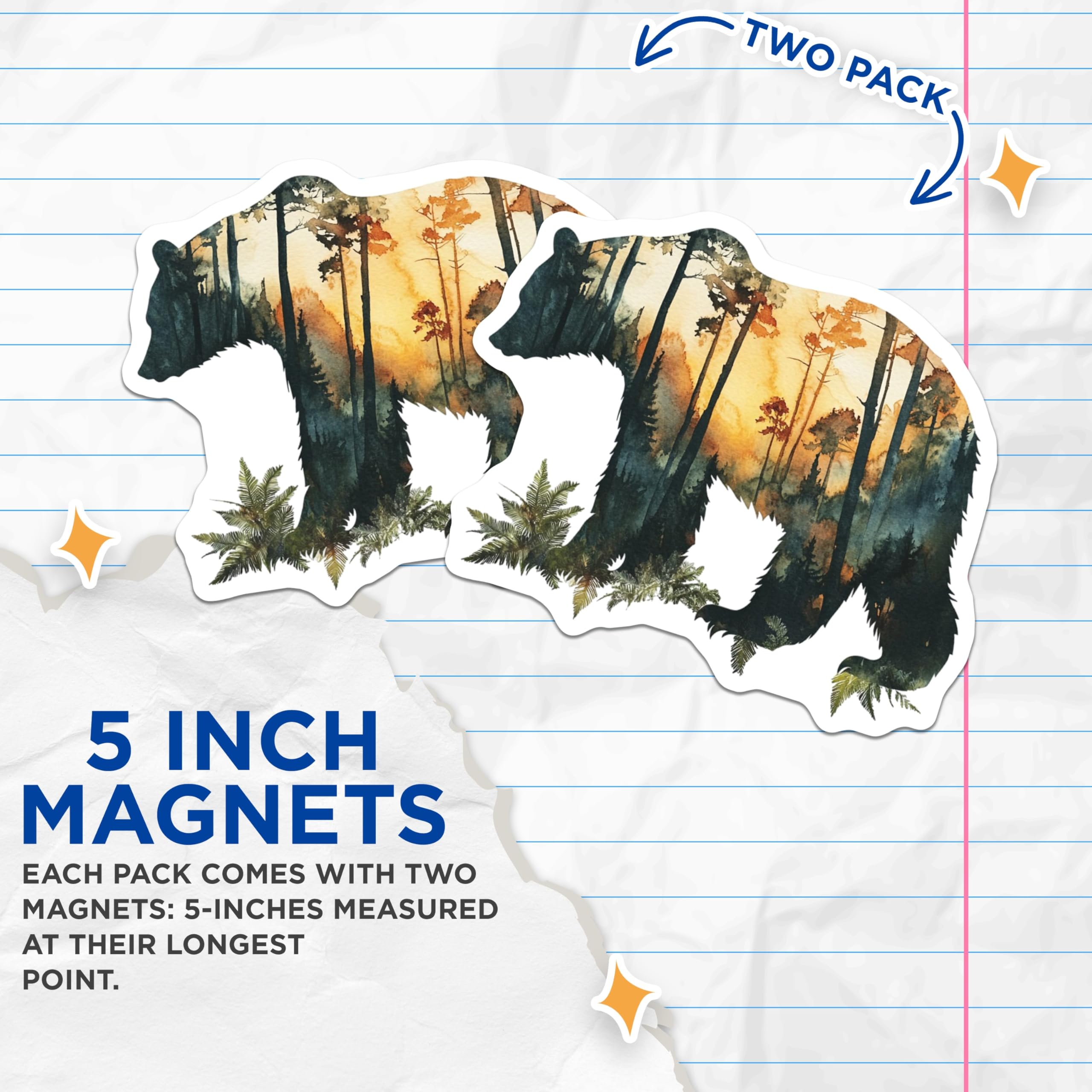 (2 Pack) Bear Forest Magnets - Watercolor Animal Art - Nature Inspired Magnets - 5" On Longest Side - Premium Magnet - for Cars, Refrigerators, Toolboxes, Lockers - Made in USA - MAG16094