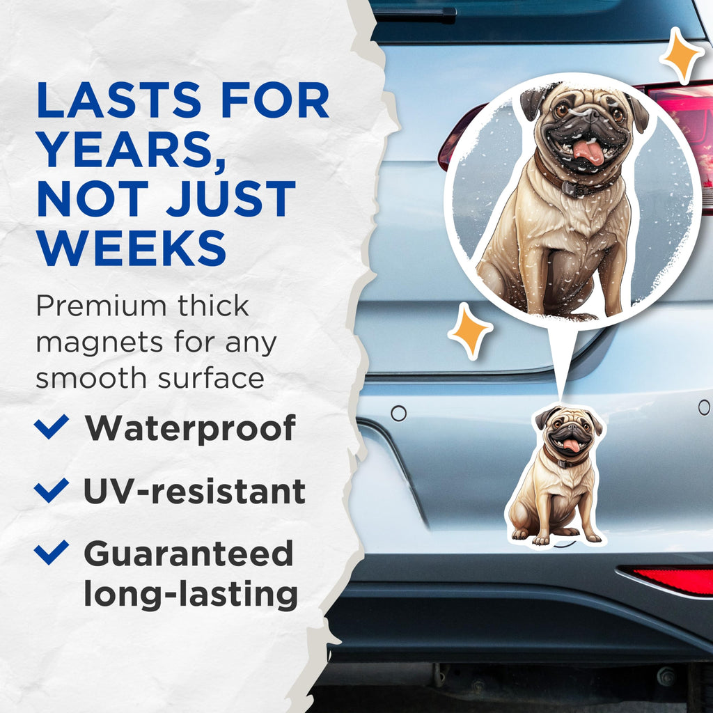 (2 Pack) Cheerful Pug Magnets - Lovable Dog Breed Artwork - Funny Animal Decor for Refrigerator Locker Kitchen Office - 5 Inches On Longest Side - Thick Durable Magnet - Made in USA - MAG24005