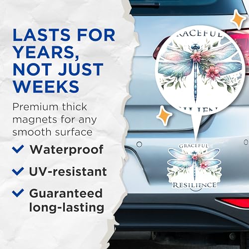 (2 Pack) Graceful Resilience Magnets - Inspirational Dragonfly Magnets - Floral Dragonfly Decorative Magnets- 5" On Longest Side - for Fridges, Toolboxes, Cars - Made in USA - MAG2679