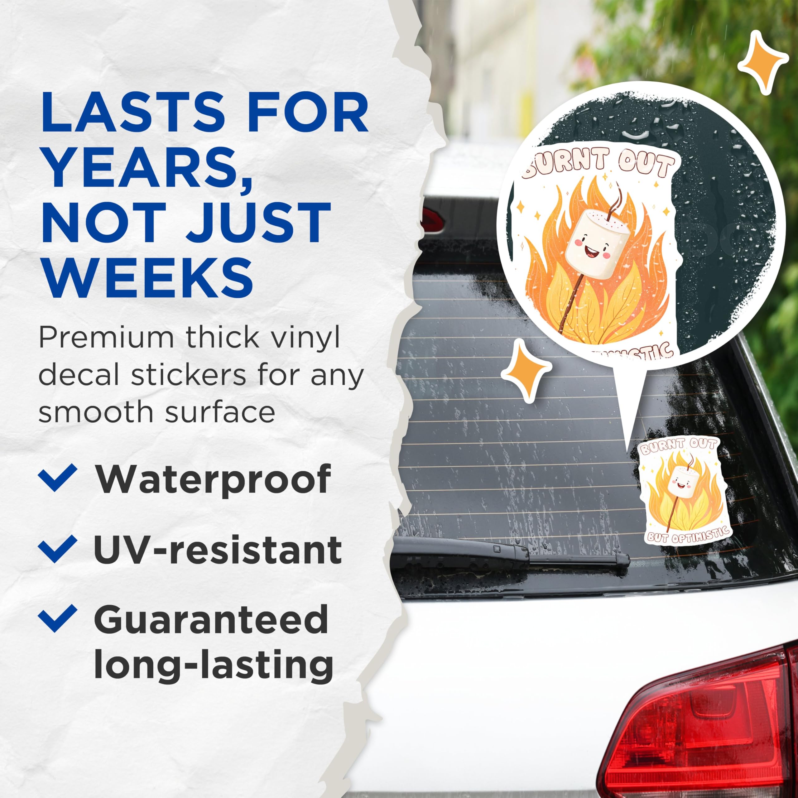 (2 Pack) Burnt Out But Optimistic Stickers - Marshmallow Campfire Stickers - Cute Motivational Stickers - 5" On Longest Side - Sticks to Any Smooth Flat Surface - Made in USA - BMCS3316