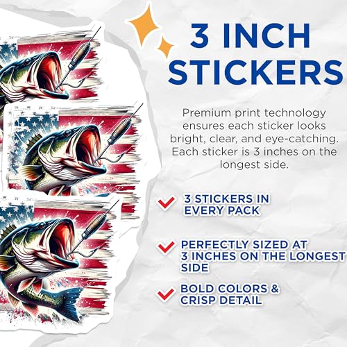 (3 Pack) Bass Fishing Decals - American Flag Fish - Laptop Decals for Anglers - 3 Inches On Longest Side - Easy Peel & Apply - Made in USA - 3MCS7352