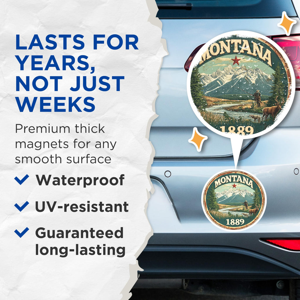 (2 Pack) Montana State Magnets - Fishing and Deer Scene - State Seal Fridge Magnets - 5" On Longest Side - Premium Magnet - for Cars, Refrigerators, Toolboxes, Lockers - Made in USA - MAG14605