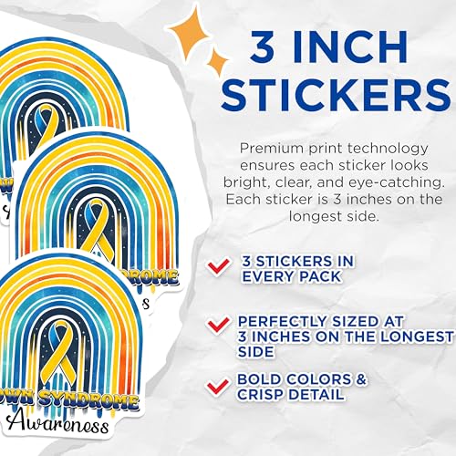 (3 Pack) Down Syndrome Decals - Awareness Rainbow - Trisomy 21 Support - 3 Inches On Longest Side - Easy Peel & Apply - Made in USA - 3MCS6968