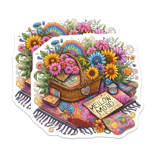 (2 Pack) Floral Boho Stickers - Flower Basket Art - 5" On Longest Side - Sticks to Smooth Flat Surfaces - Made in USA - BMCS8837 - BMCS8837