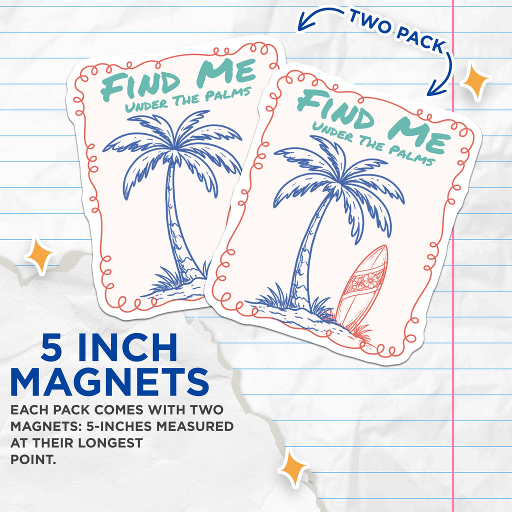 (2 Pack) Tropical Palms Surfboard Magnets - Coastal Beach Vibes Decor - Summer Vacation Fridge Magnet Set for Ocean Lovers - 5 Inches On Longest Side - Thick Durable Magnet - Made in USA - MAG38561