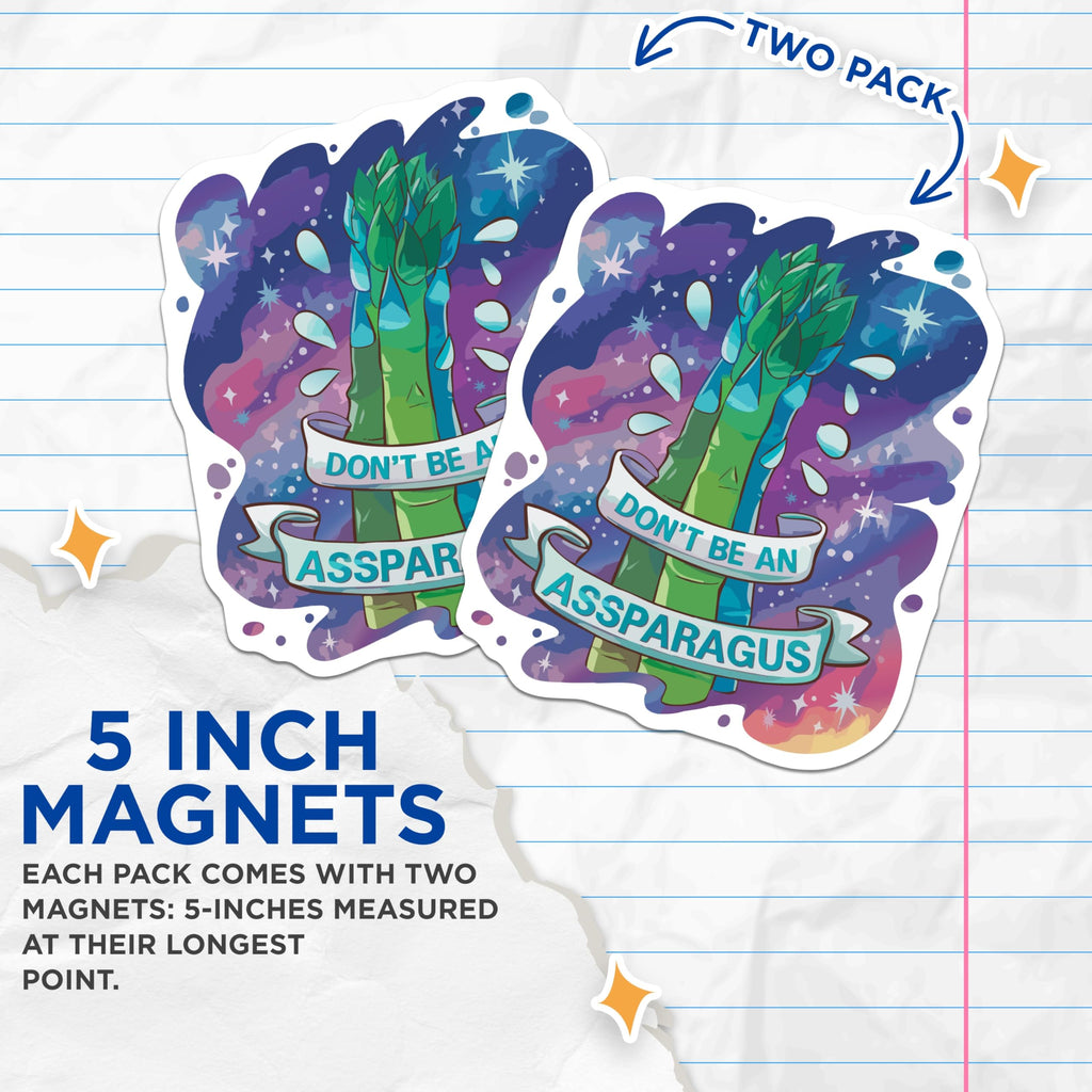 (2 Pack) Funny Asparagus Magnets - Assparagus Pun Humor - Kitchen Refrigerator Decor - Cosmic Veggie Art - 5 Inches On Longest Side - Thick Durable Magnet - Made in USA - MAG21381