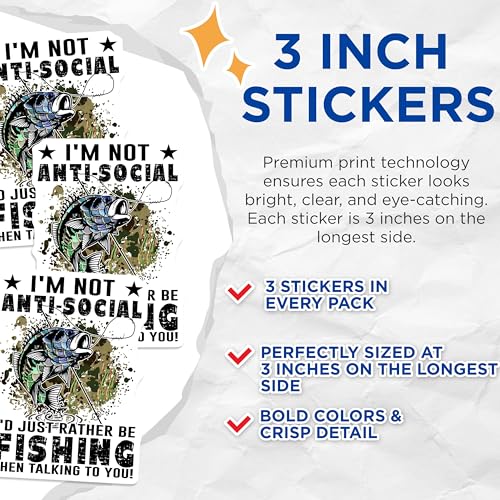 (3 Pack) Fishing Decals - Anti Social Fishing Quote - Funny Fisherman Laptop Decal - 3 Inches On Longest Side - Easy Peel & Apply - Made in USA - 3MCS4346
