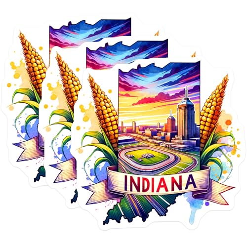 (3 Pack) Indiana State Decals - Indianapolis Skyline - Corn Art Stickers- 3 Inches On Longest Side - Easy Peel & Apply - Made in USA - 3MCS5777