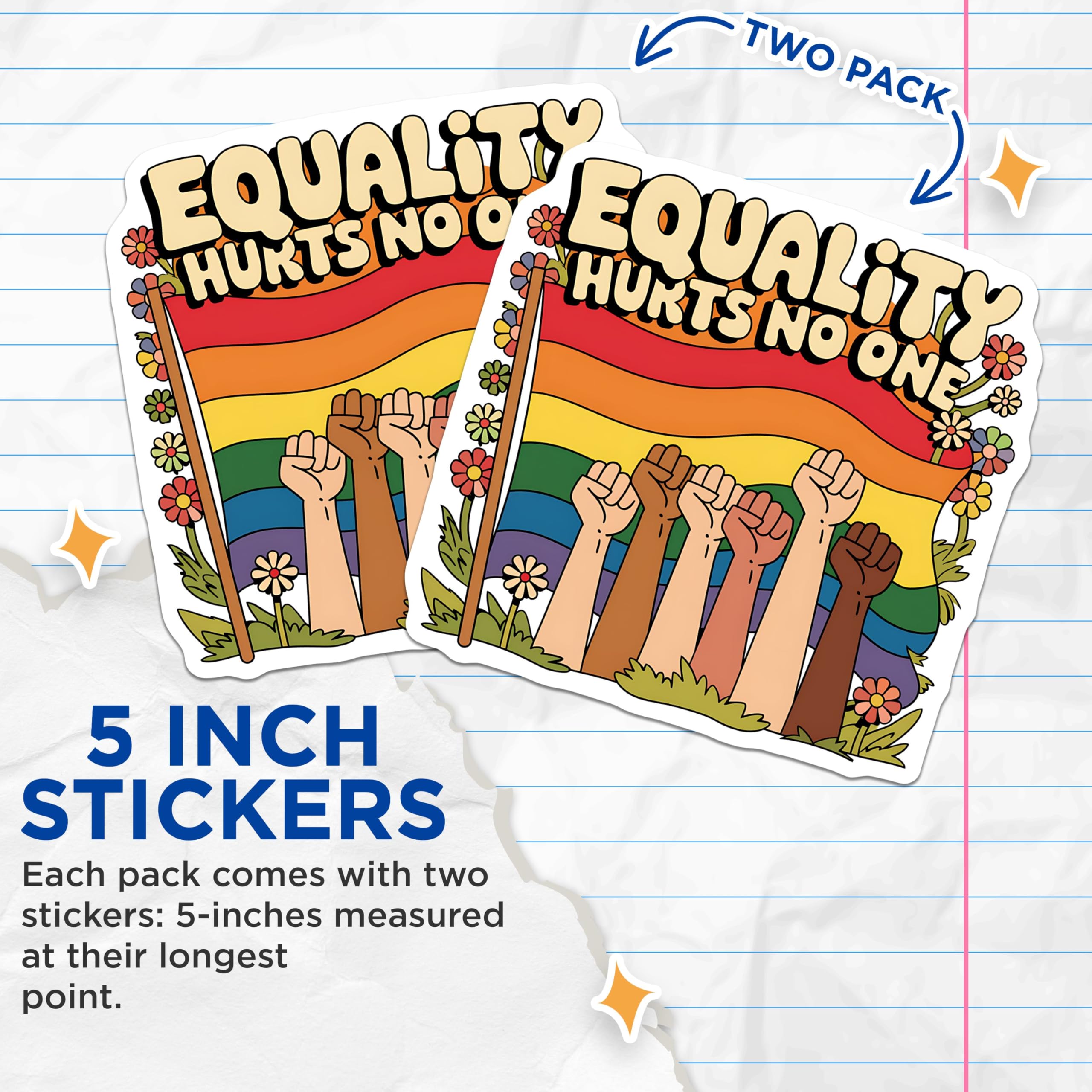 (2 Pack) Equality Hurts No One Stickers - Pride Rainbow Stickers - Inclusion and Diversity Stickers - 5" On Longest Side - Sticks to Smooth Flat Surfaces - Made in USA - BMCS3895