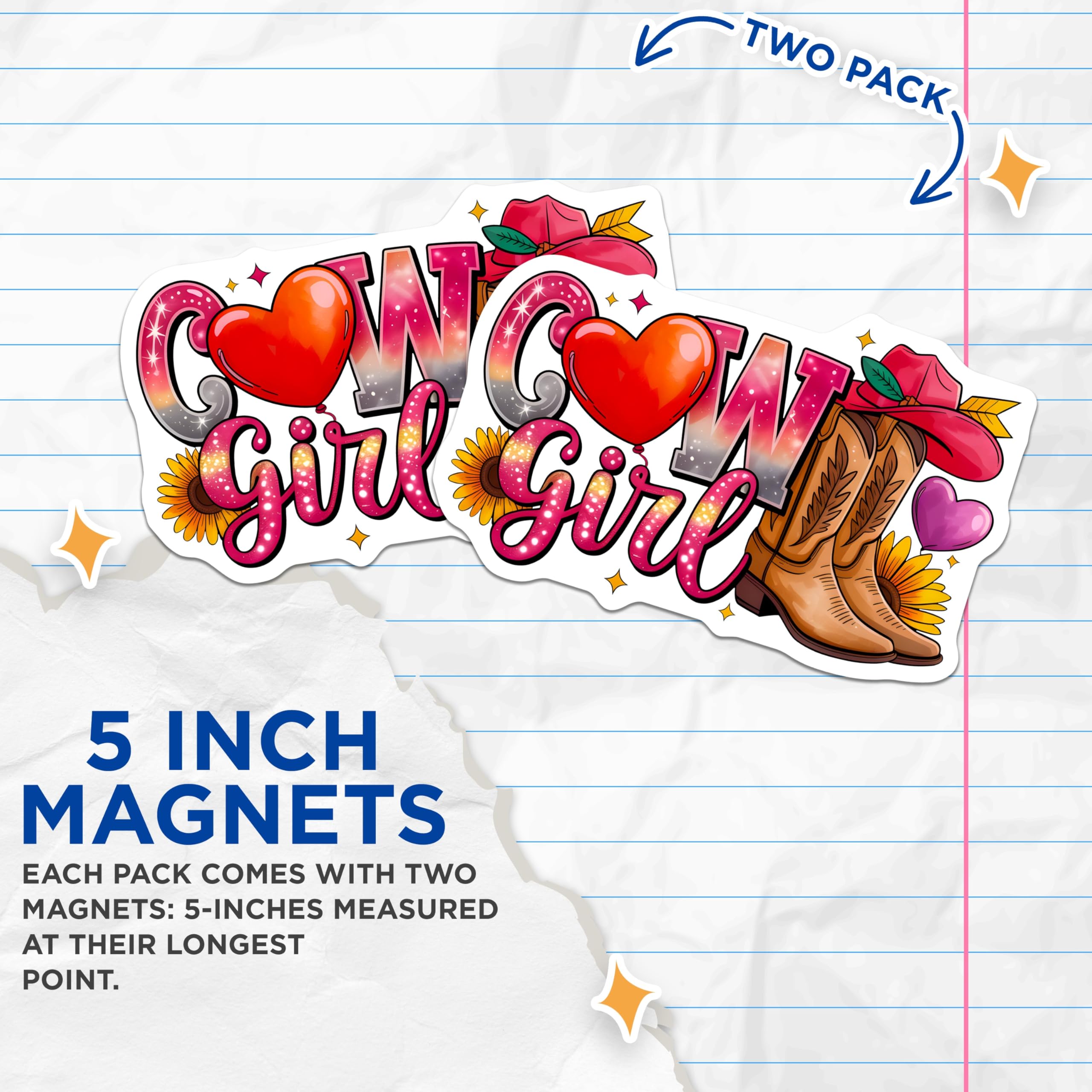 (2 Pack) Cowgirl Aesthetic Magnets - Western Boots Hat Sunflowers - Nashville Bachelorette Decor for Her - 5 Inches On Longest Side - Thick Durable Magnet - Made in USA - MAG29061