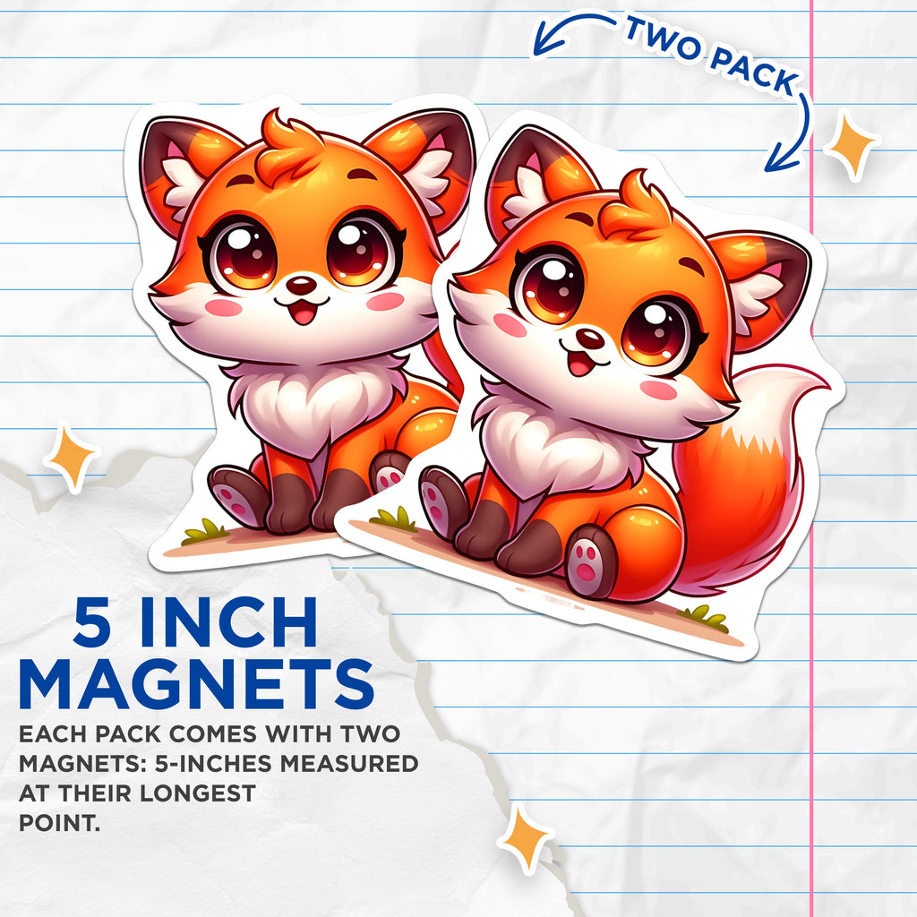 (2 Pack) Cute Fox Magnets - Kawaii Woodland Animal Decor - Fridge Locker Decoration - 5 Inches On Longest Side - Thick Durable Magnet - Made in USA - MAG38320