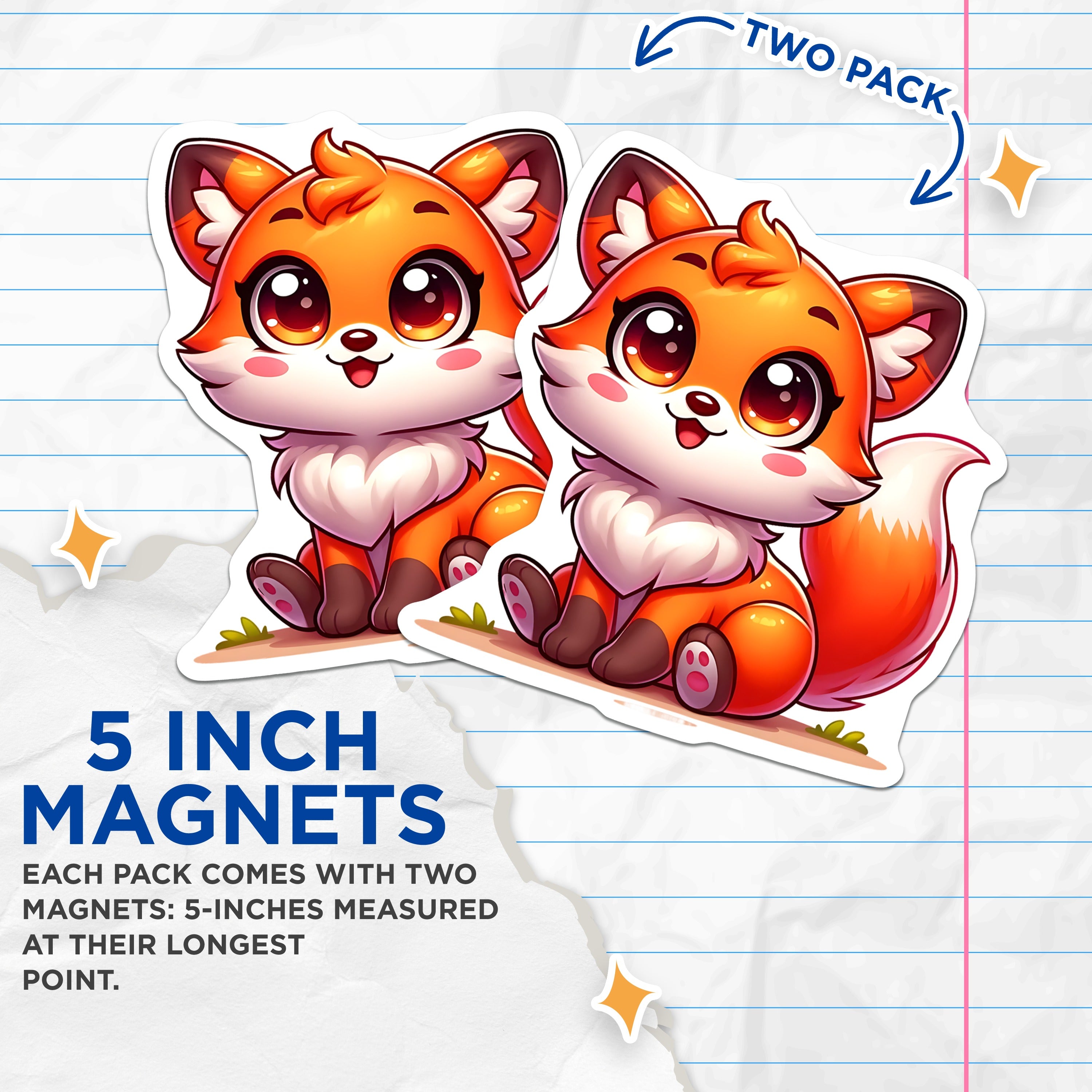 (2 Pack) Cute Fox Magnets - Kawaii Woodland Animal Decor - Fridge Locker Decoration - 5 Inches On Longest Side - Thick Durable Magnet - Made in USA - MAG38320