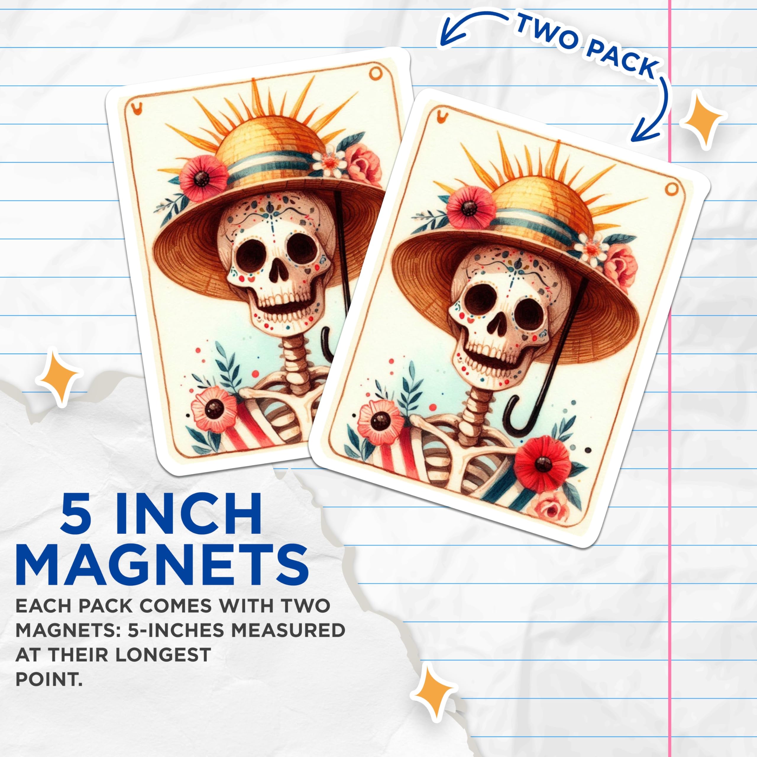 (2 Pack) Floral Sugar Skull Magnets - Day of the Dead Decor - Calavera Art Fridge Magnets - 5 Inches On Longest Side - Thick Durable Magnet - Made in USA - MAG20617