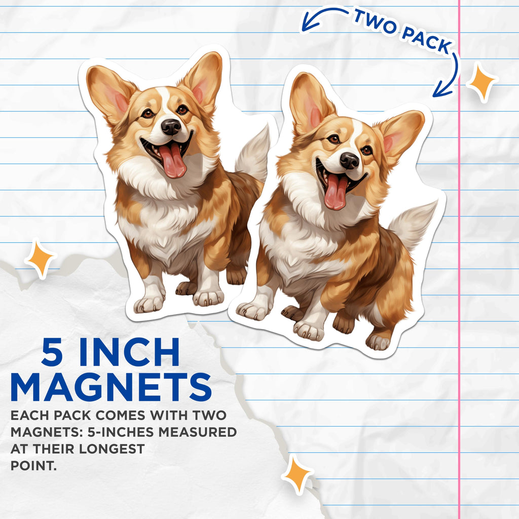 (2 Pack) Happy Corgi Dog Magnets - Cute Pet Lover Fridge Decor - Animal Owner Refrigerator Accessories - 5 Inches On Longest Side - Thick Durable Magnet - Made in USA - MAG29727