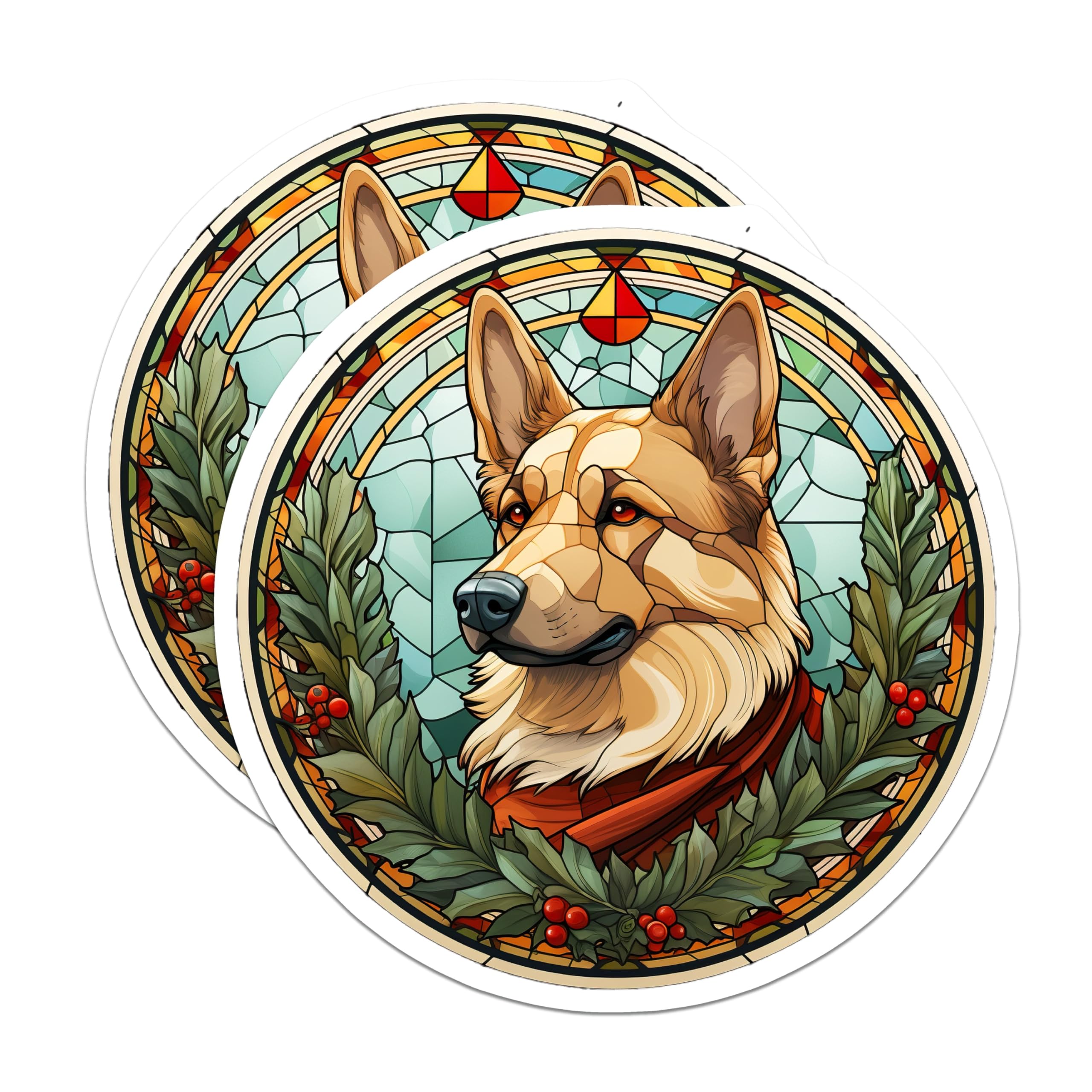 (2 Pack) Stained Glass German Shepherd Magnets - Holly Wreath Winter Dog Decor - Pet Owner Holiday Fridge Magnet - 5 Inches On Longest Side - Thick Durable Magnet - Made in USA - MAG30987
