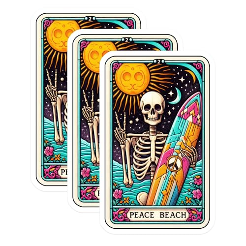 (3 Pack) Peace Beach Decals - Skeleton Surfer Decal - Retro Surf Stickers - 3 Inches On Longest Side - Easy Peel & Apply - Made in USA - 3MCS4016