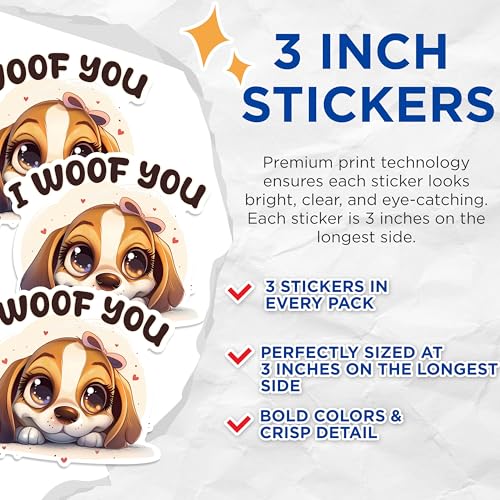(3 Pack) Puppy Dog Decals - I Woof You - Cute Animal Laptop Decal - 3 Inches On Longest Side - Easy Peel & Apply - Made in USA - 3MCS1212