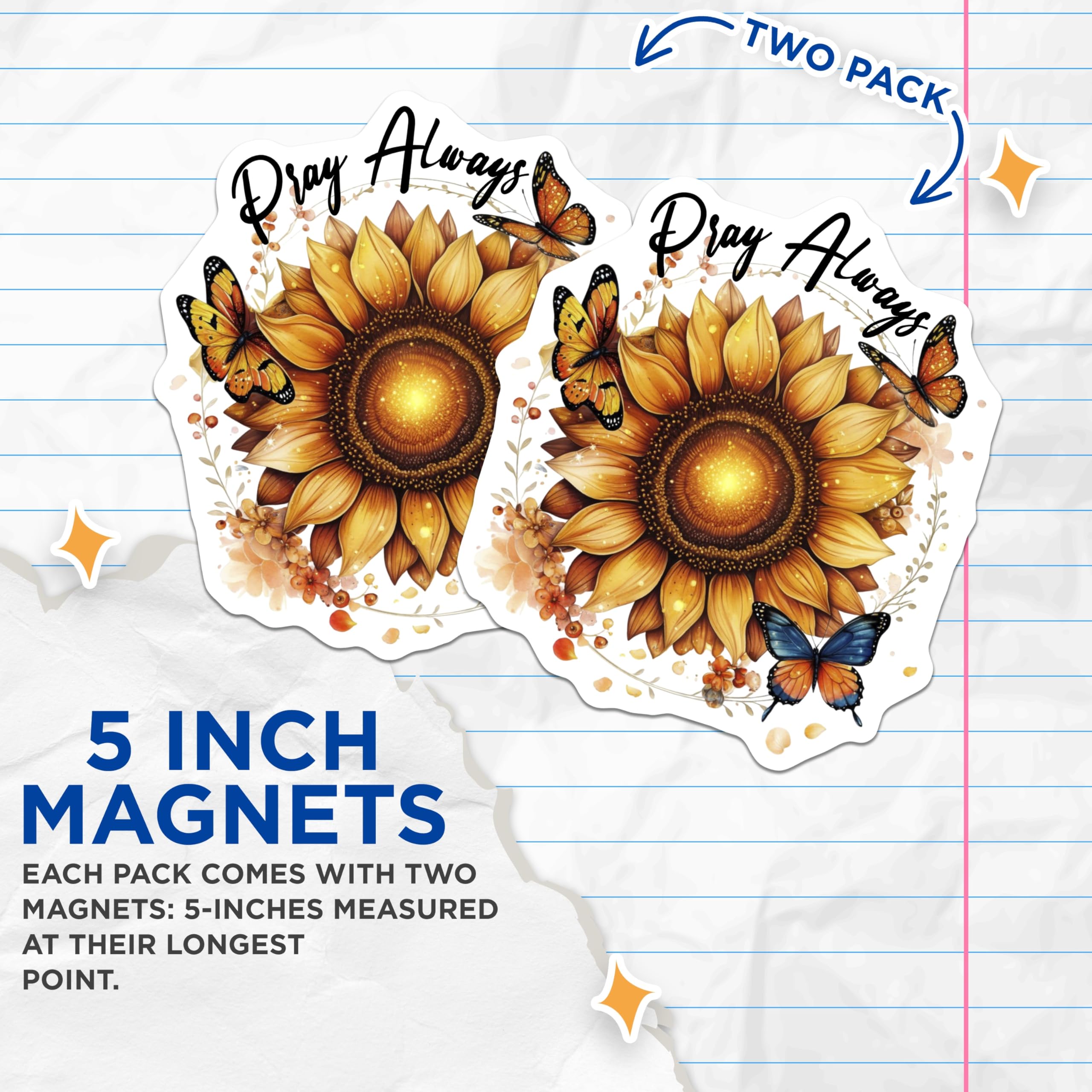 (2 Pack) Sunflower Butterfly Magnets - Pray Always Decor - Floral Art Magnets - 5" On Longest Side - Premium Magnet - for Cars, Refrigerators, Toolboxes, Lockers - Made in USA - MAG16922