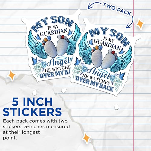 (2 Pack) My Son is My Guardian Angel Stickers - Inspirational Quote - Memorial Decal - 5" On Longest Side - Sticks to Smooth Flat Surfaces - Made in USA - BMCS6127