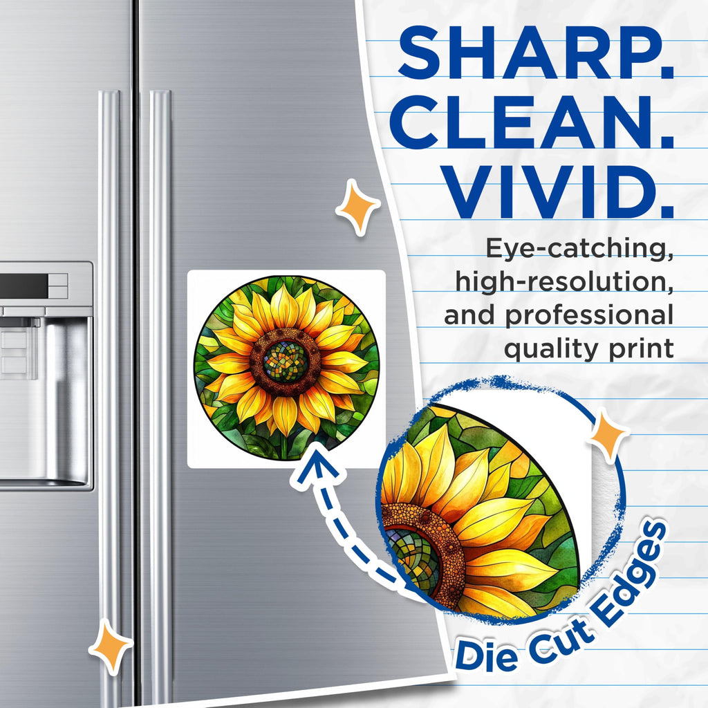 (2 Pack) Stained Glass Sunflower Magnets - Vibrant Botanical Decor - Artistic Refrigerator Art - 5 Inches On Longest Side - Thick Durable Magnet - Made in USA - MAG30875
