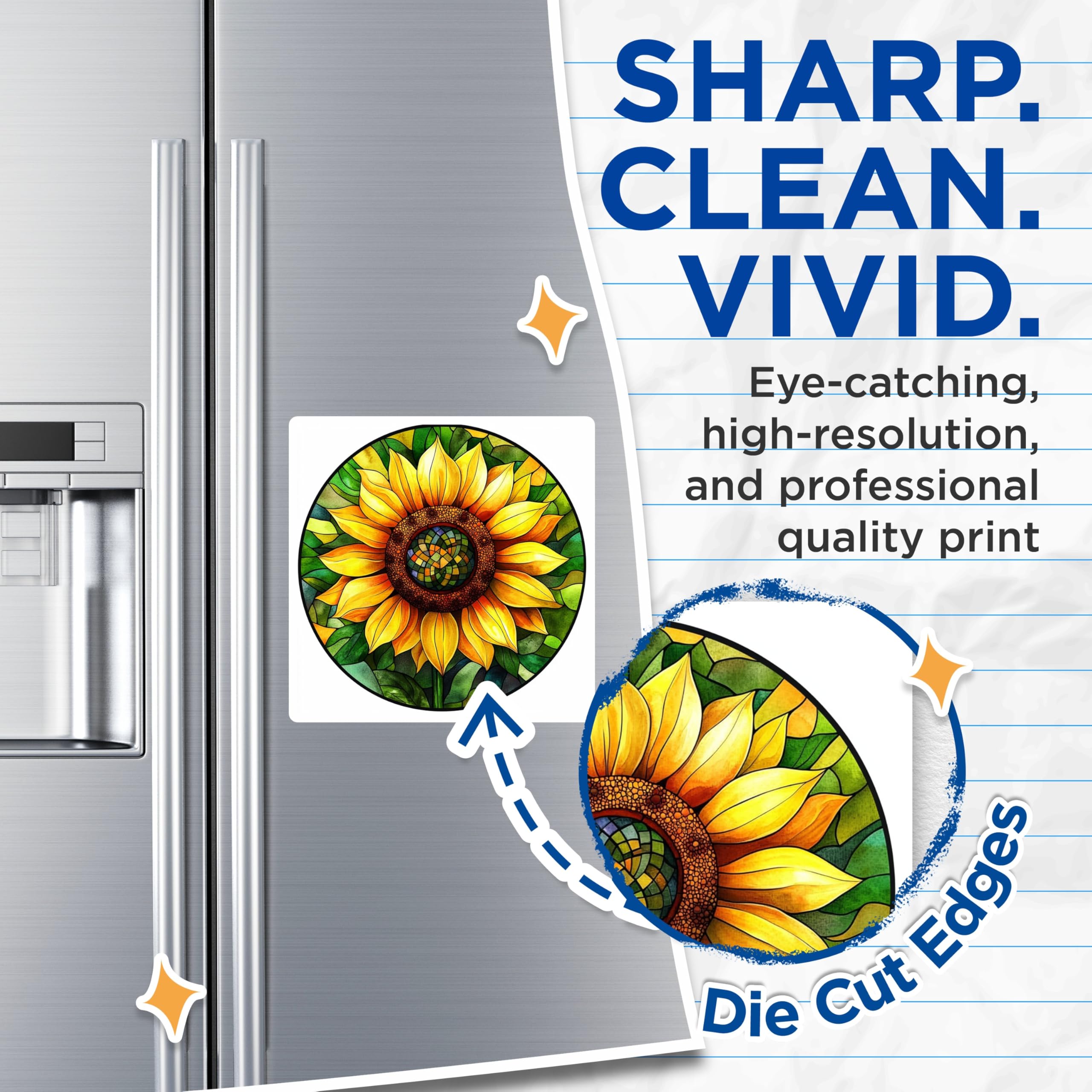 (2 Pack) Stained Glass Sunflower Magnets - Vibrant Botanical Decor - Artistic Refrigerator Art - 5 Inches On Longest Side - Thick Durable Magnet - Made in USA - MAG30875