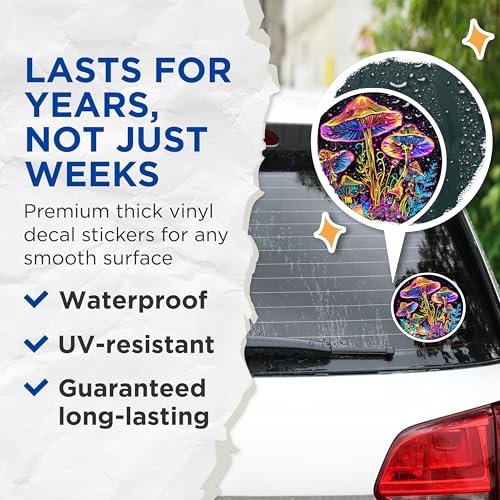 (2 Pack) Neon Mushroom Stickers - Psychedelic Art - Glowing Fungi Decal - Colorful Mushroom Sticker Set - 5" On Longest Side - Sticks to Smooth Flat Surfaces - Made in USA - BMCS6688
