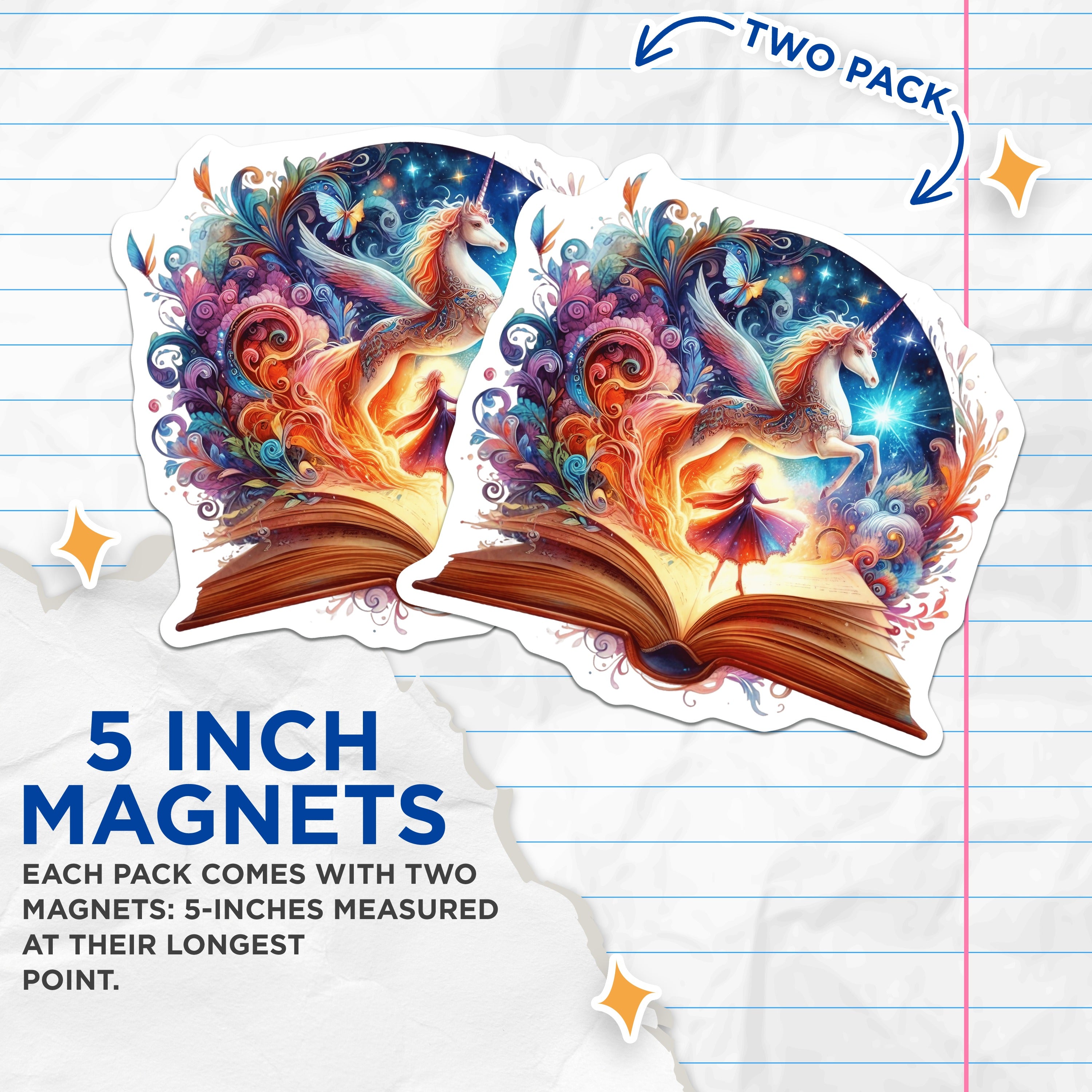 (2 Pack) Magical Unicorn Book Magnets - Fantasy Storybook Art - Whimsical Reader Decor - Dreamy Fairytale Scene - 5 Inches On Longest Side - Thick Durable Magnet - Made in USA - MAG39603