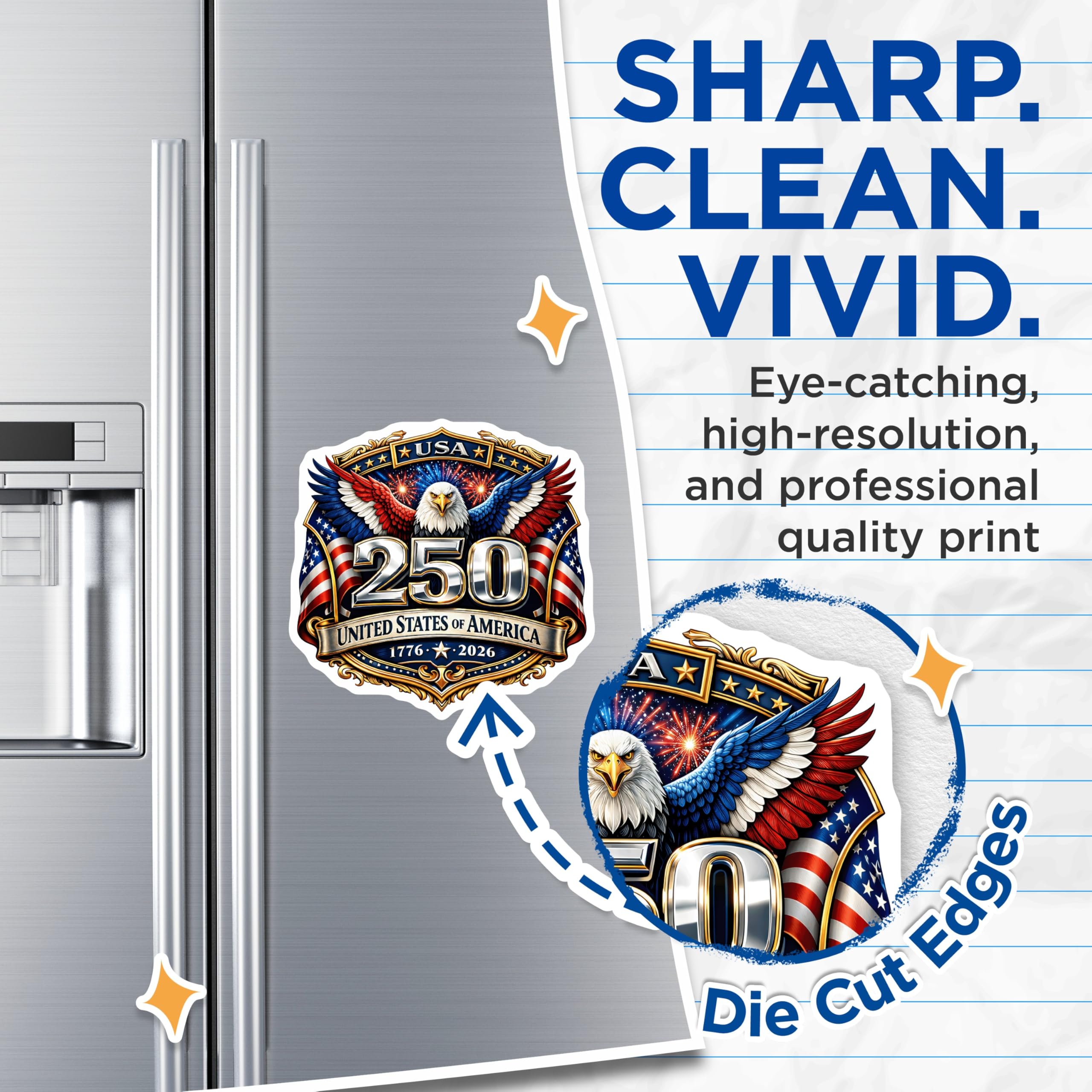 (2 Pack) 250th Anniversary USA Magnets - American Eagle Commemorative - Patriotic Bicentennial Decor - 5 Inches On Longest Side - Thick Durable Magnet - Made in USA - MAG259
