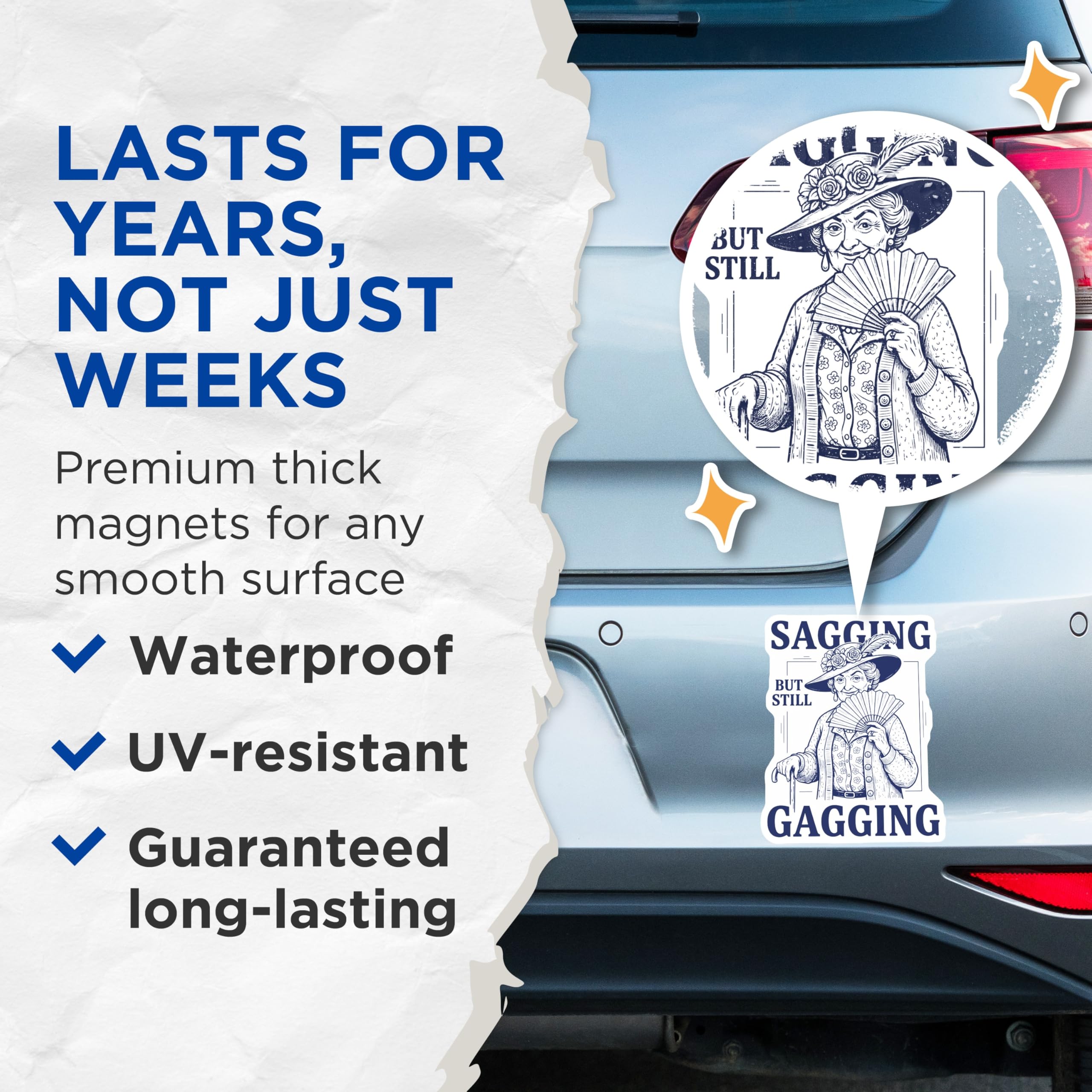 (2 Pack) Sagging Gagging Lady Magnets - Funny Old Lady - Sassy Mature Woman - 5" On Longest Side - Premium Magnet - for Cars, Refrigerators, Toolboxes, Lockers - Made in USA - MAG15513