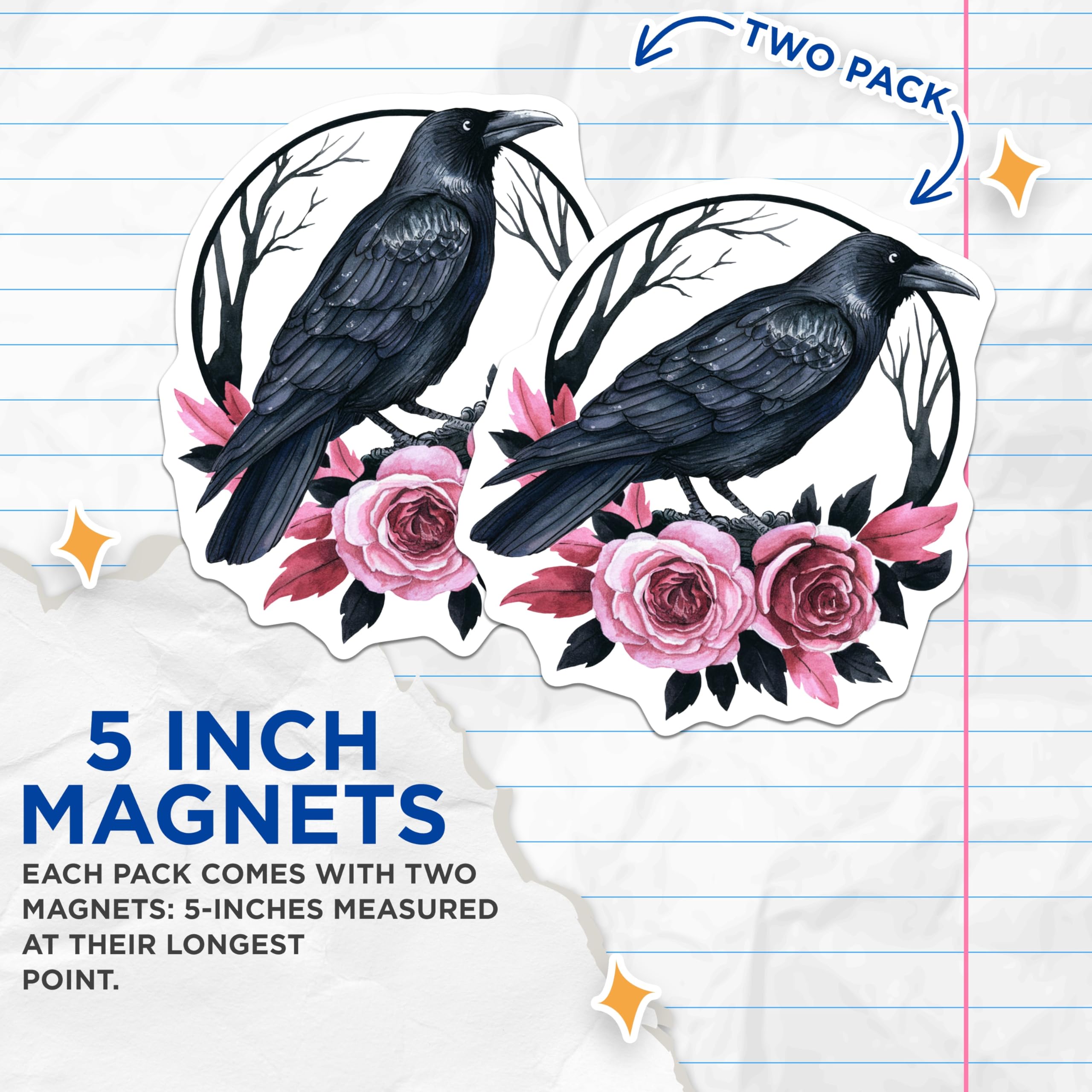(2 Pack) Raven Magnets - Gothic Home Decor - Bird and Roses Fridge Magnets - 5" On Longest Side - Premium Magnet - for Cars, Refrigerators, Toolboxes, Lockers - Made in USA - MAG17871